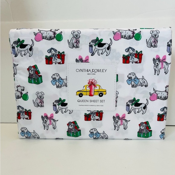 Cynthia Rowley Other - Cynthia Rowley Puppy Cheer Queen Size Sheet Set Presents Bows Ornaments Gifts